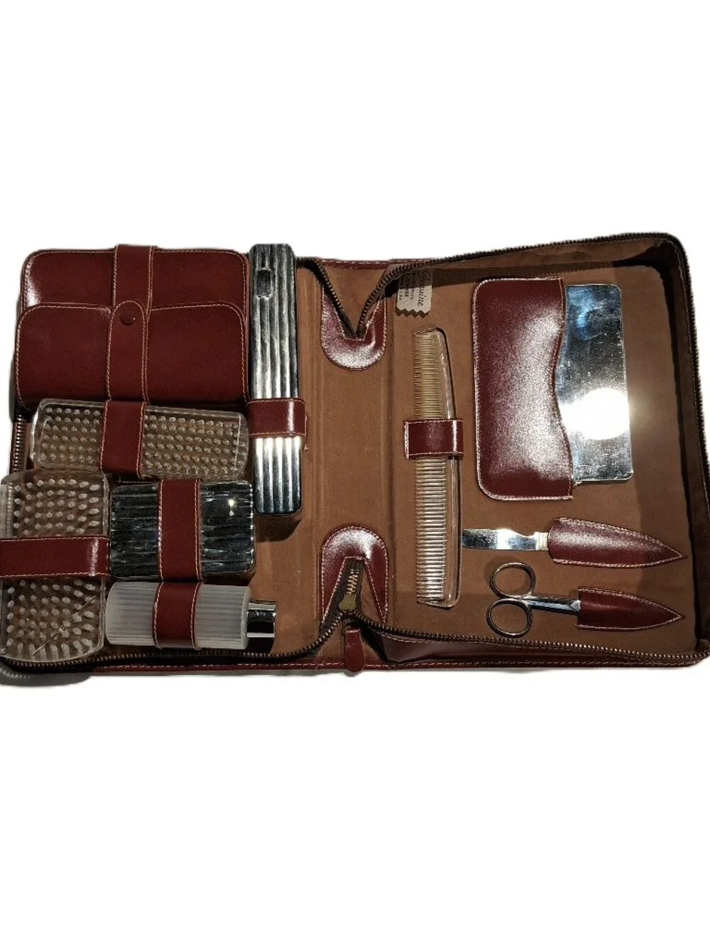 Leather Travel Kit Zipper Case Vintage 10 piece Rust Brown Lucite Silver VGC